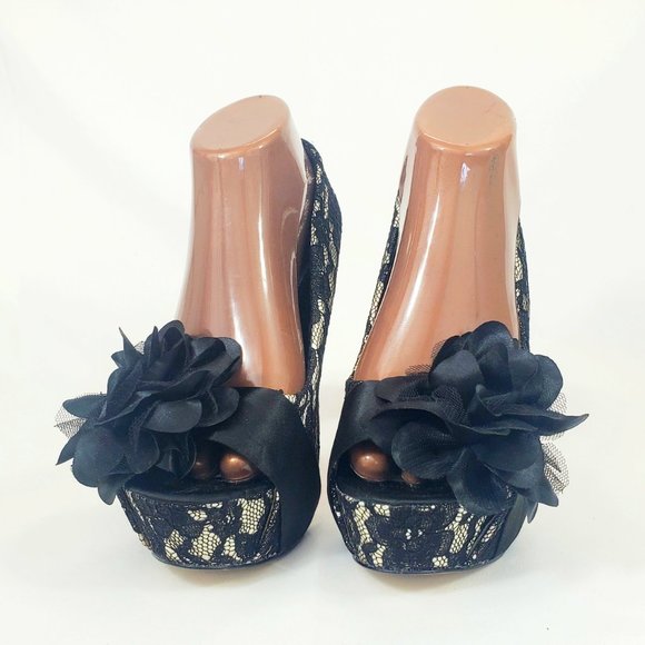 Mojo Moxy Black Floral Lace Platform Stiletto Glitter Heels Size 9 SH1346 - Picture 3 of 8